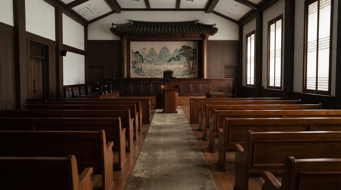 An empty courtroom interior, unoccupied gallery benches, still and solemn
