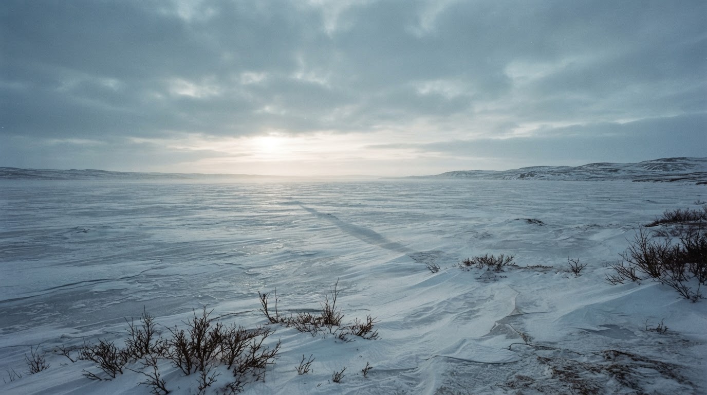 A frozen tundra lake under a low arctic sky, empty and vast with no one in sight
