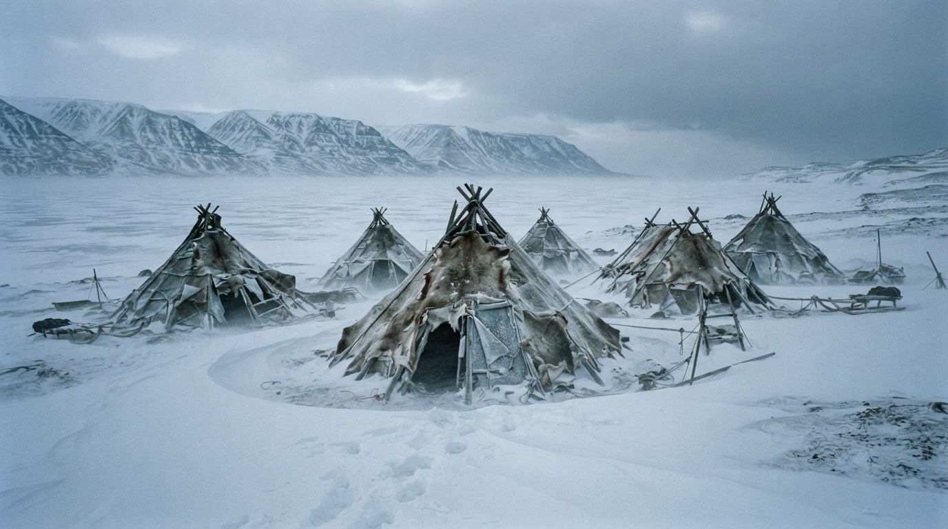 Empty caribou-skin tents standing in the snow, a deserted Inuit camp with no people