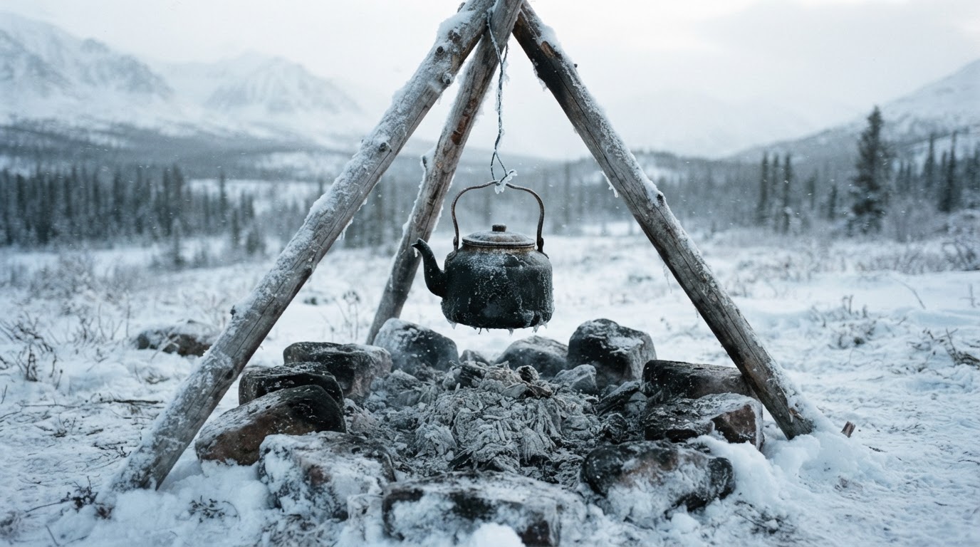 A cold campfire ring with an old kettle hanging over the ash-filled hearth