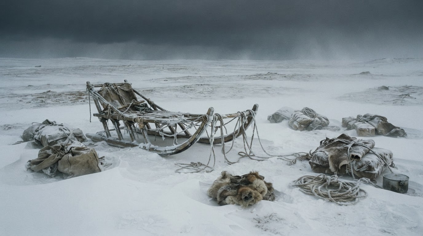 A sled and supplies abandoned in the snow, ownerless provisions left behind