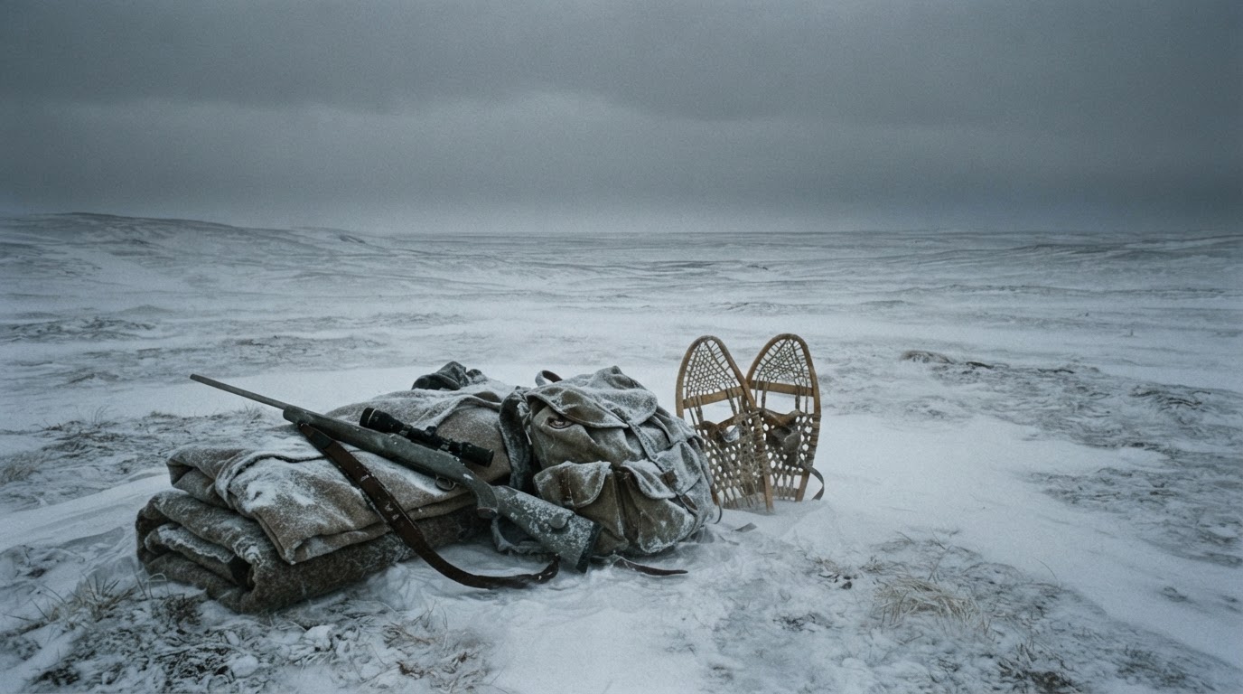 Hunting gear and supplies left alone on a vast, deserted tundra snowfield under a low grey sky