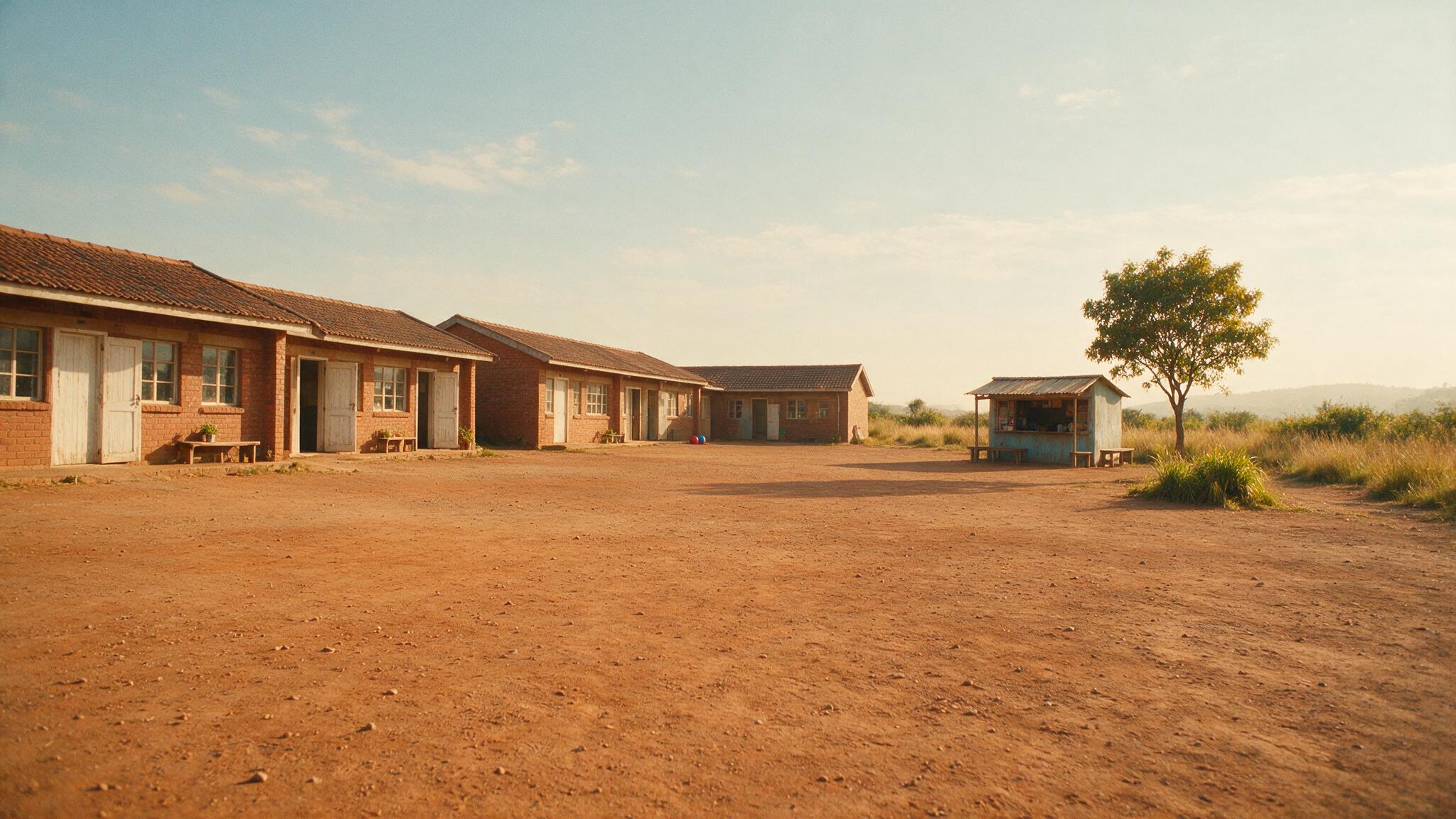 A quiet empty schoolyard at mid-morning, low classroom buildings and a small tuck-shop kiosk seen from a distance, warm dusty light, no people, photorealistic