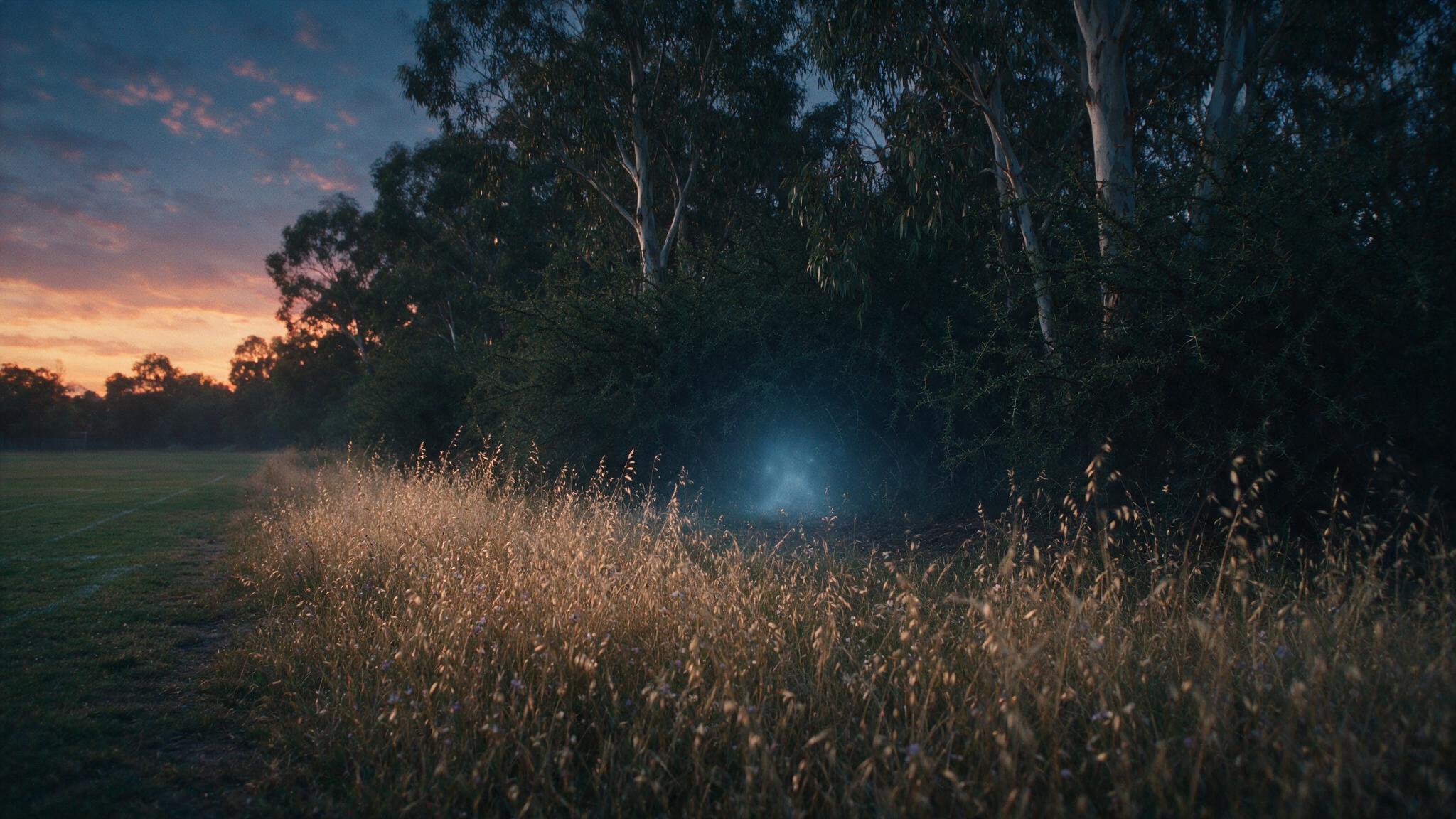 The far edge of a school field where long grass meets a dark treeline, a faint pale glow low among the bushes at dusk, no figures clearly visible, eerie and photorealistic