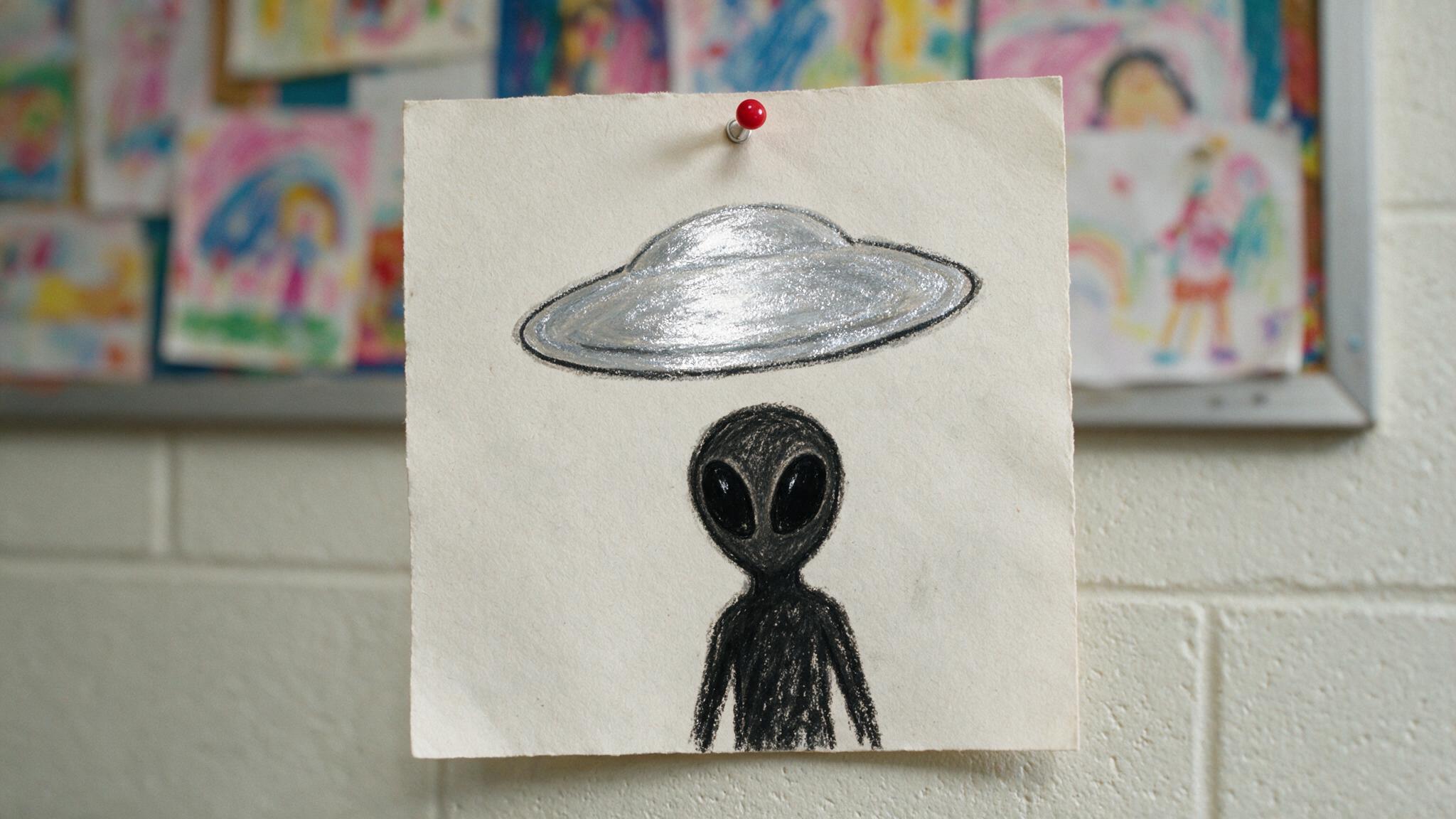 A child's crayon-style drawing pinned to a wall showing a simple silver disc and a dark figure with oversized black eyes, no legible text, photorealistic close-up