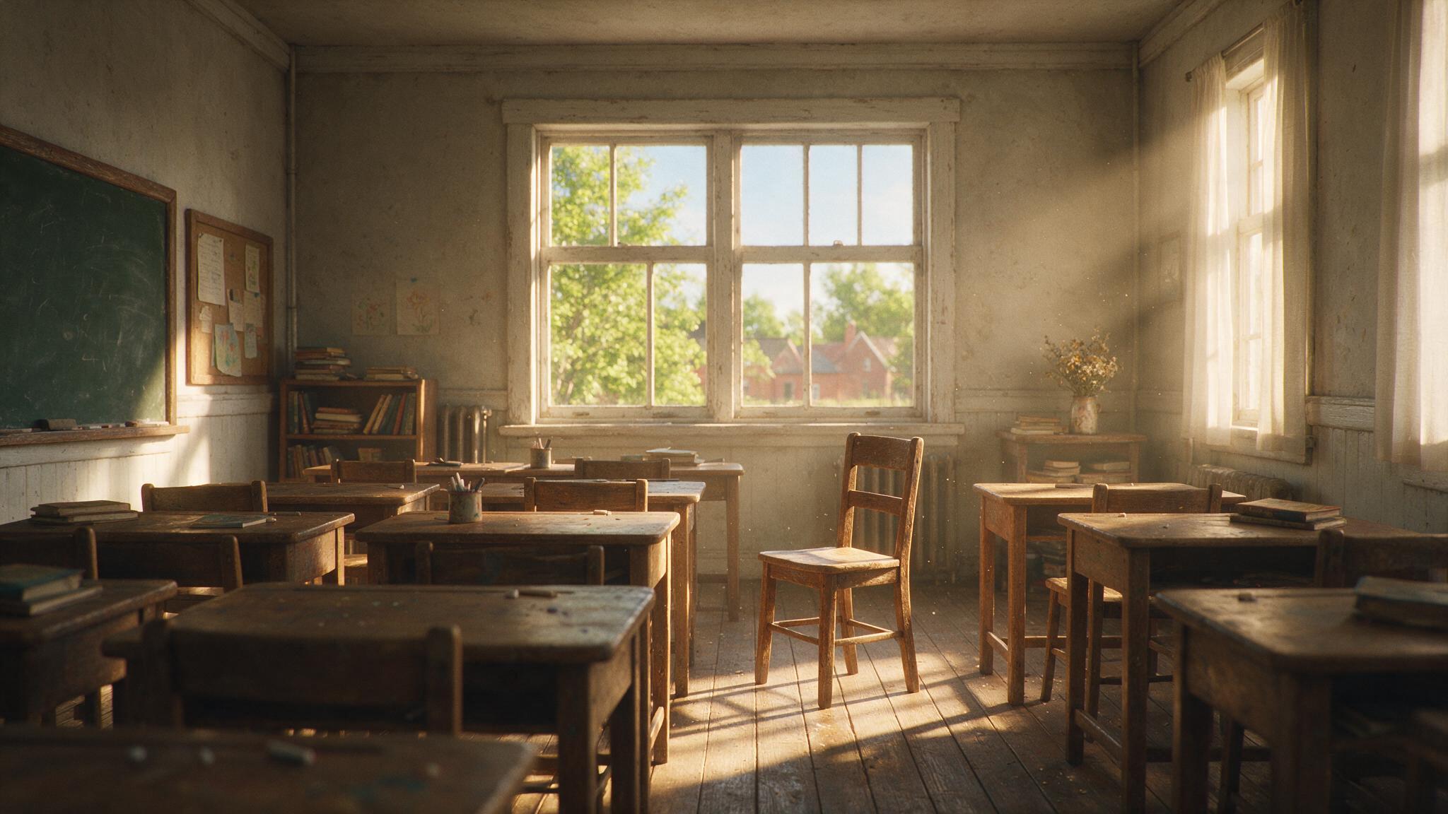 An empty classroom with a single chair facing a window, warm afternoon light falling across wooden desks, an atmosphere of a serious quiet conversation about to happen, no people, photorealistic
