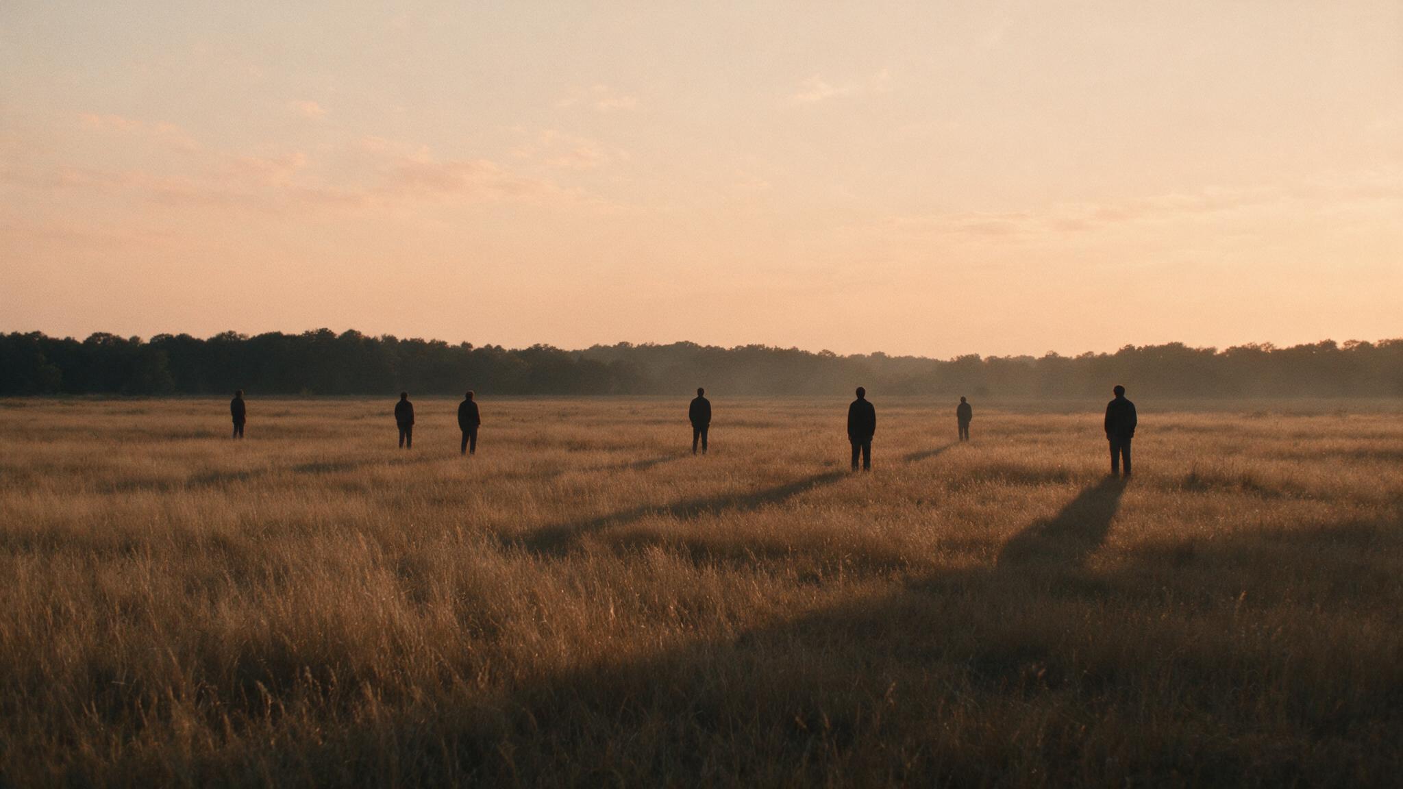 Silhouettes of a few adults standing apart in a grassy field at dusk, seen from behind and far away, looking toward an empty treeline, faces not visible, contemplative and photorealistic