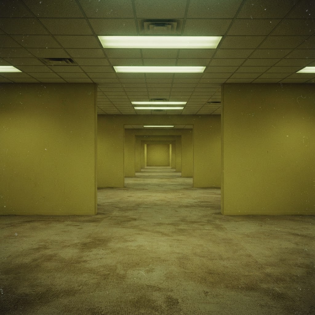 An endless empty yellow office room with damp, stained carpet and buzzing fluorescent ceiling panels