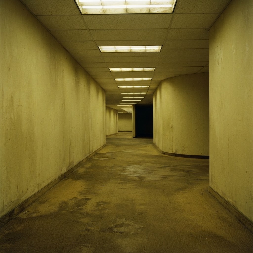 A long yellow corridor bending out of sight under humming fluorescent light