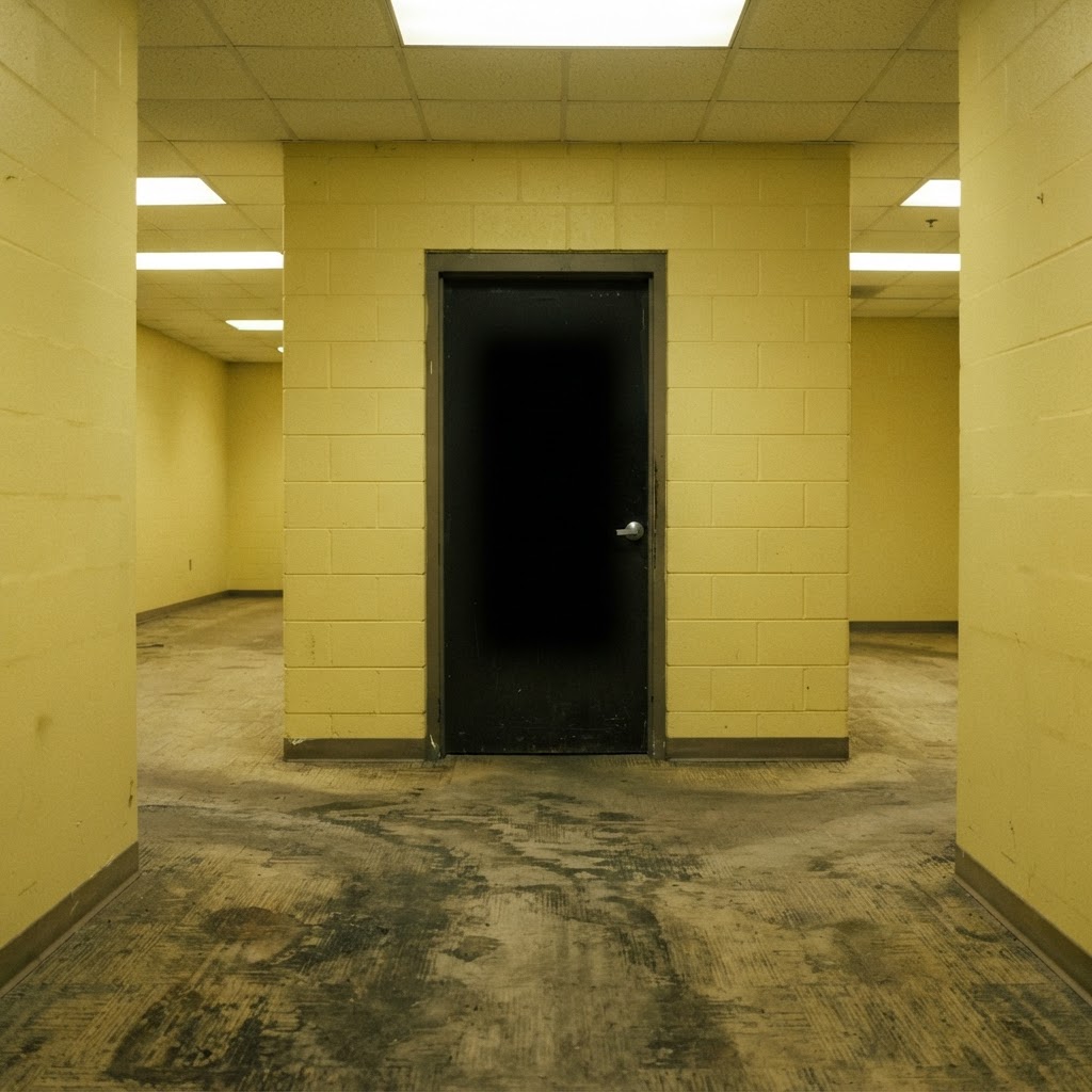 A single doorway leading into darkness within blank yellow walls