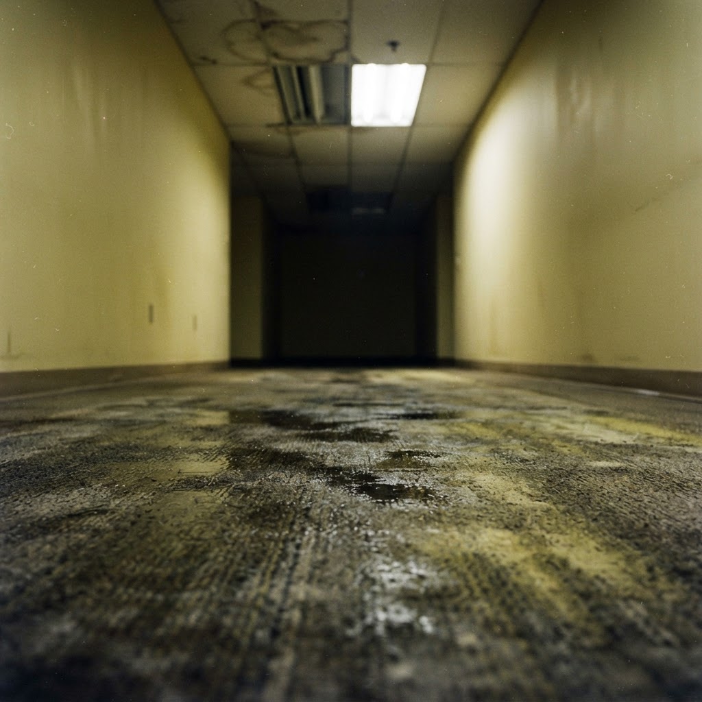 A low angle of wet, stained carpet under a flickering ceiling light