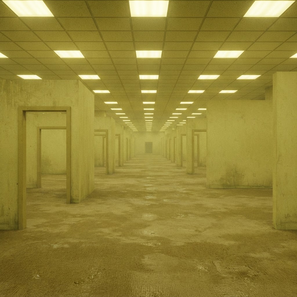 Vast empty parallel yellow rooms receding into the distance