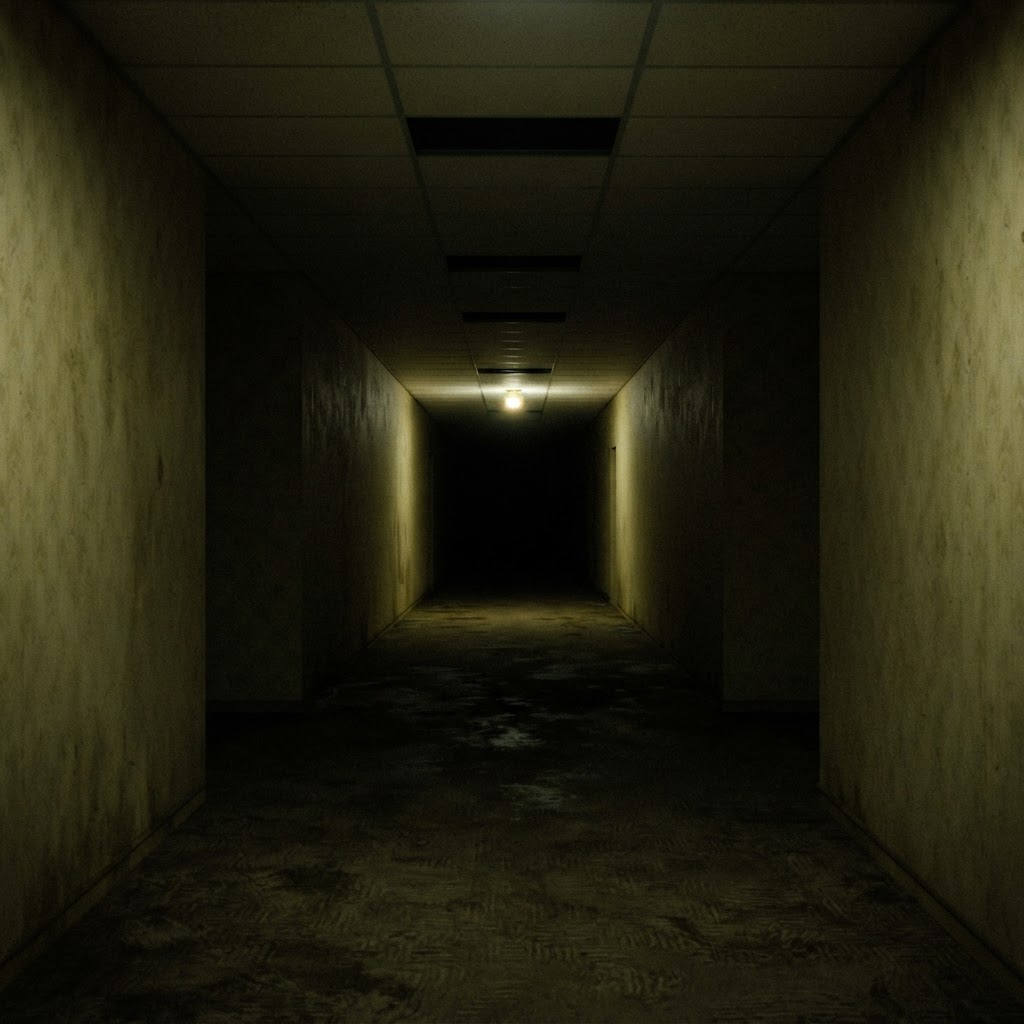 A dark, figure-less hallway with a single flickering light at the far end