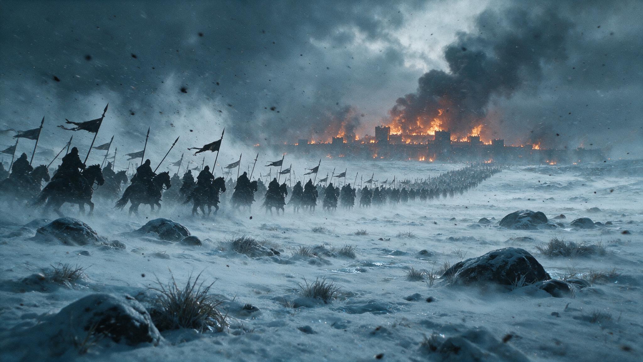 Silhouettes of an ancient cavalry column advancing through a snowstorm with distant burning ramparts, majestic and apocalyptic, no faces visible