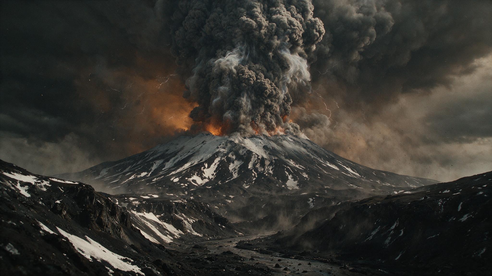 A colossal eruption column surging into the sky as volcanic ash blankets the land, majestic and apocalyptic, no legible text