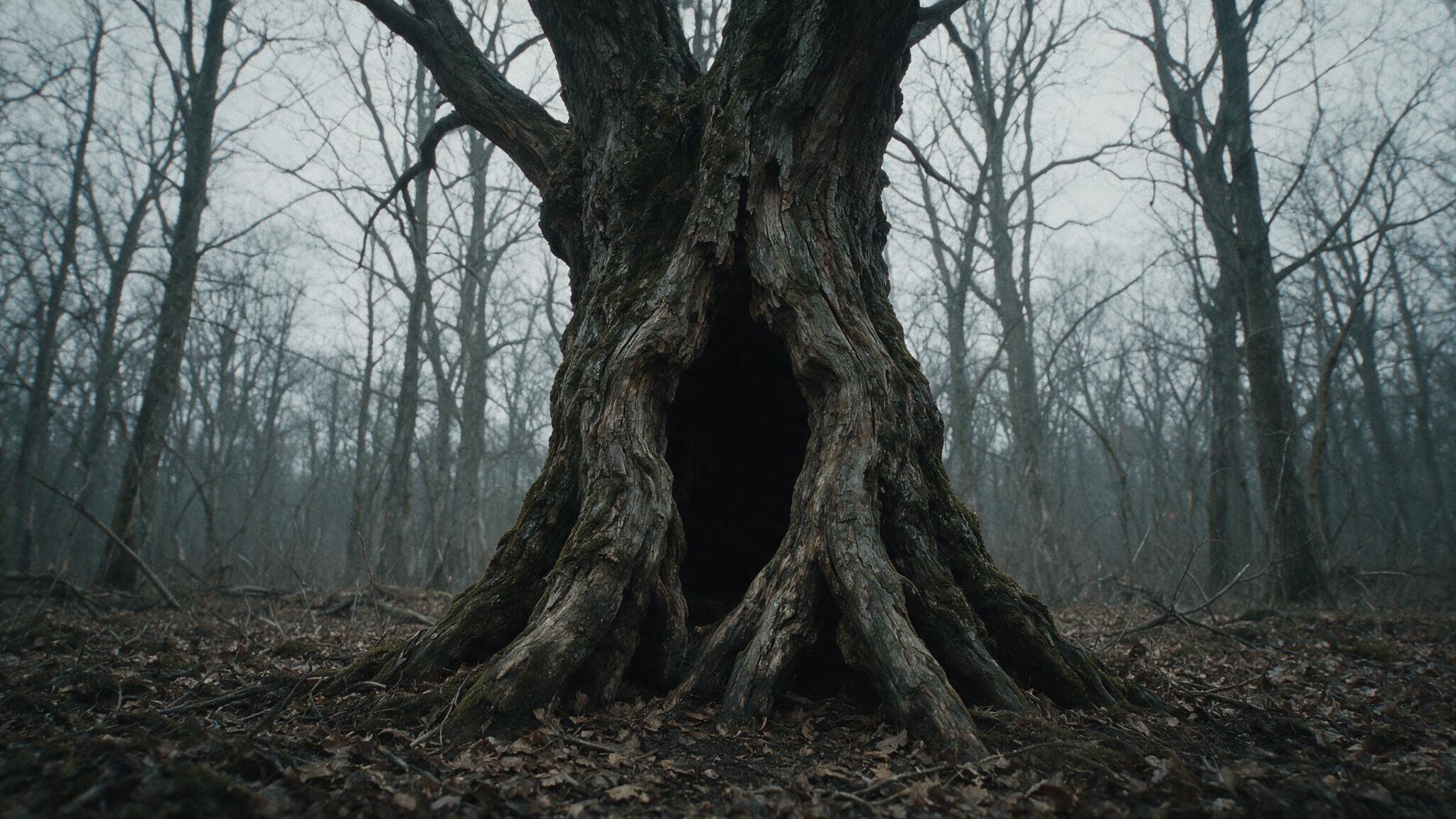 A close-up of a single hollow old tree in a bare winter wood, its base split, the cavity in its trunk showing only deep darkness within, revealing nothing, mossy bark, an overcast sky, a chilling and ominous mood, no people (mood recreation, not real footage)