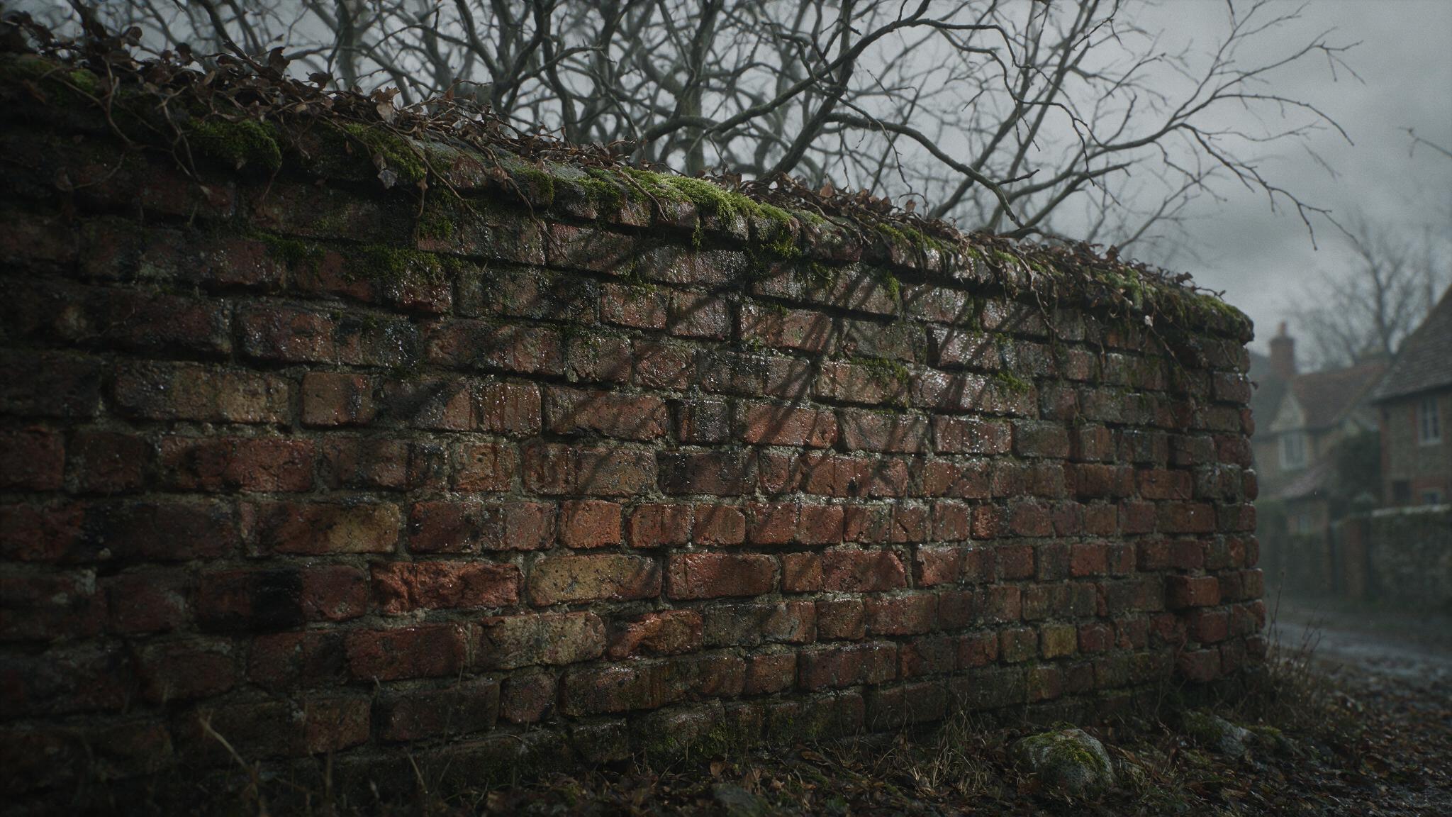 A close-up of an old, weathered brick wall in an English country village, mossy and stained under a grey sky, the shadows of bare branches falling across it, a deserted, bleak and eerie winter mood, no letters or people visible (mood recreation, not real footage)