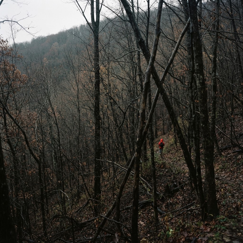 A red hooded jacket glimpsed far away between bare autumn trees on a hillside, small and distant, no face visible