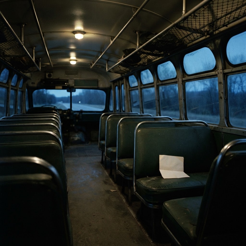 The empty interior of a vintage 1940s bus at dusk, worn seats, dim window light, no passengers