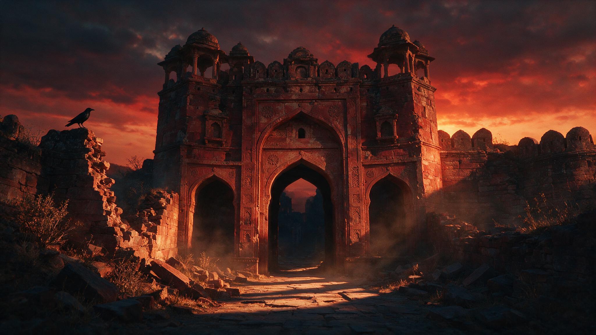 The gate and entrance of a fort ruin in India at sunset, long shadows stretching under a red-tinted sky, collapsed stone ramparts and an empty passage, a crow perched, a desolate and chilling atmosphere, no human faces