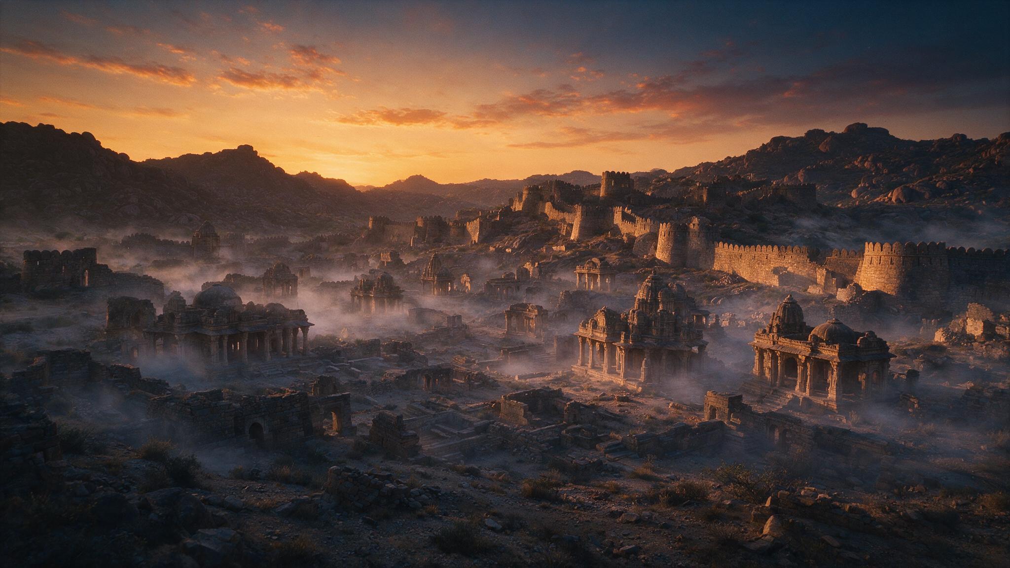 A distant view of the Indian fort ruins after nightfall, the black silhouettes of collapsed ramparts and roofless palaces running along the ridges of the Aravalli range, low mist under a night sky, a desolate and cursed-feeling aftertaste, no people