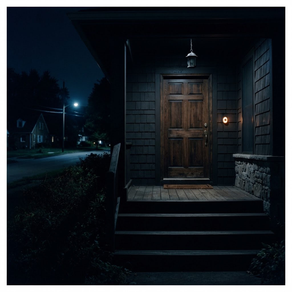 A dark suburban front porch at night, a faint doorbell light glowing