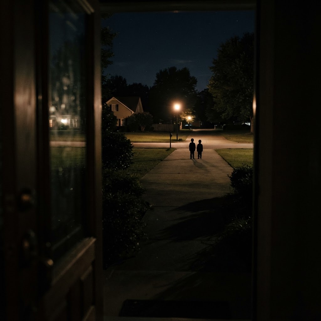 Two small silhouetted child figures standing at the far end of a driveway at night, faces completely lost in shadow