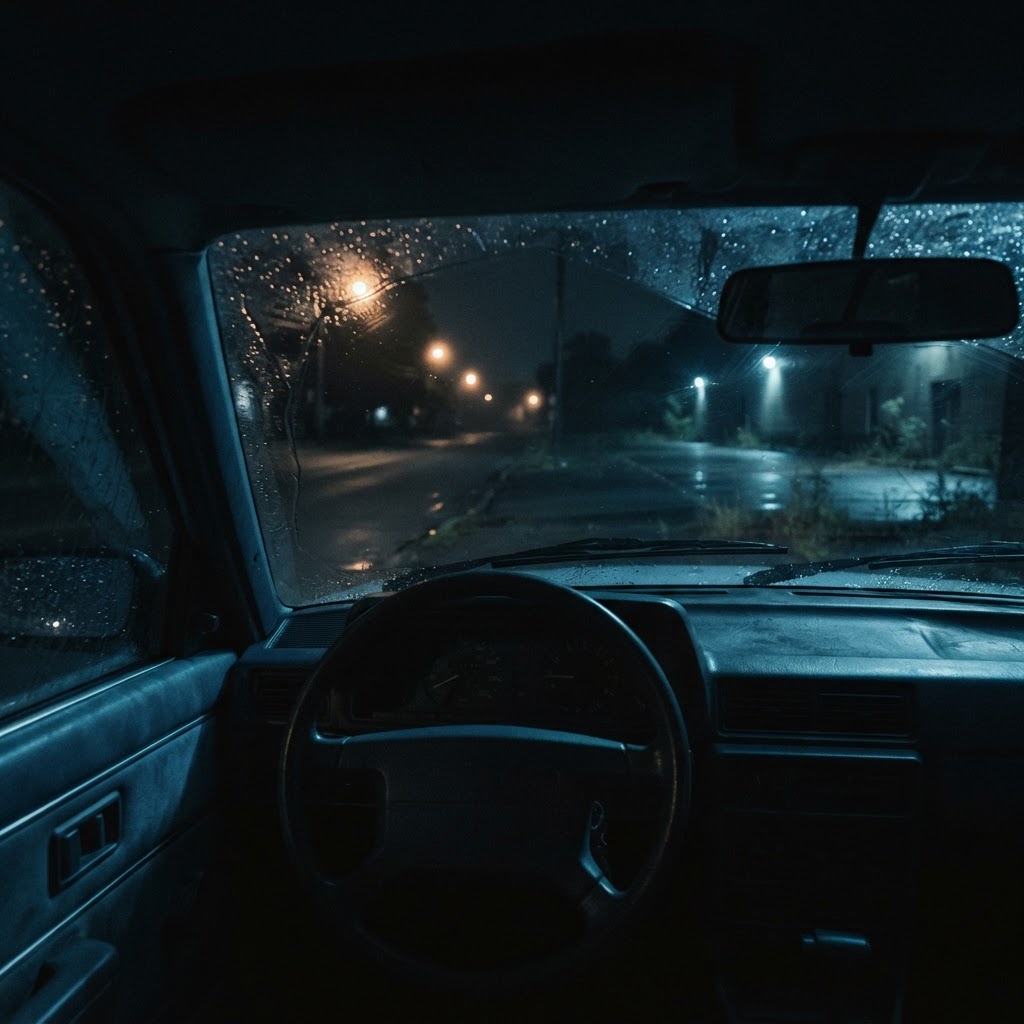 A car interior at night seen from the driver's seat, rain streaking the windows, an empty dark street beyond