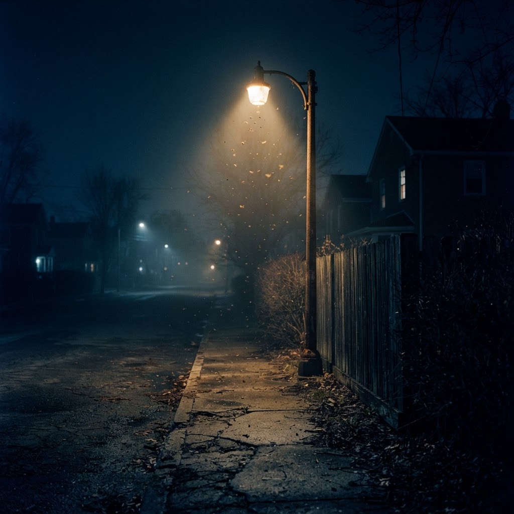 An old suburban street lamp flickering over an empty sidewalk at night