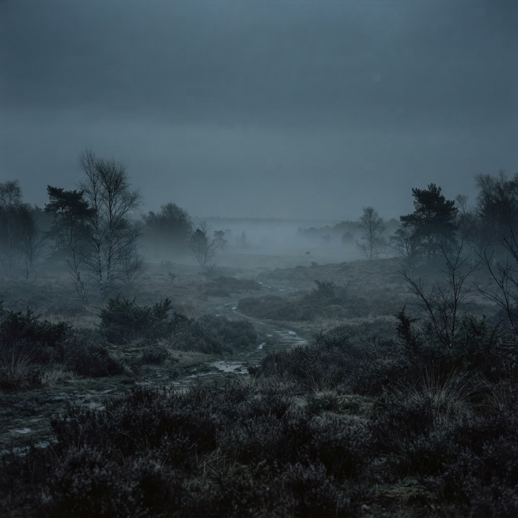 A foggy heathland at dusk, bare trees and low mist, empty and grey