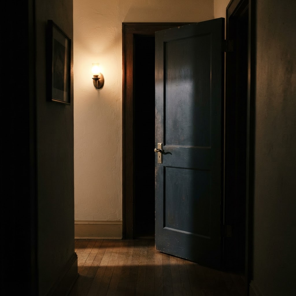 A door standing slightly ajar with deep darkness beyond it