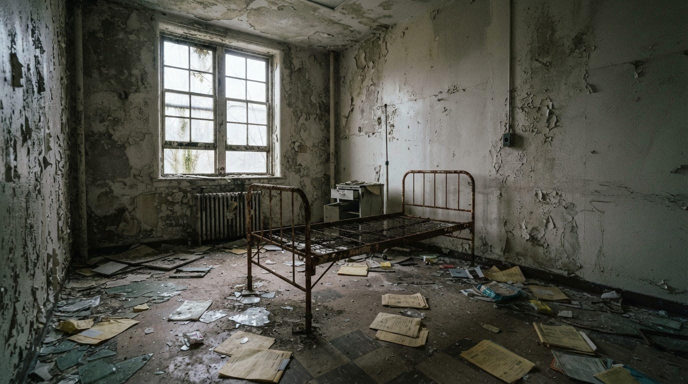 무너져 가는 병동에 녹슨 침대 틀 하나, 바닥엔 누렇게 변한 진료 기록이 널려 있다 — 모든 것이 놓인 그 자리 그대로.