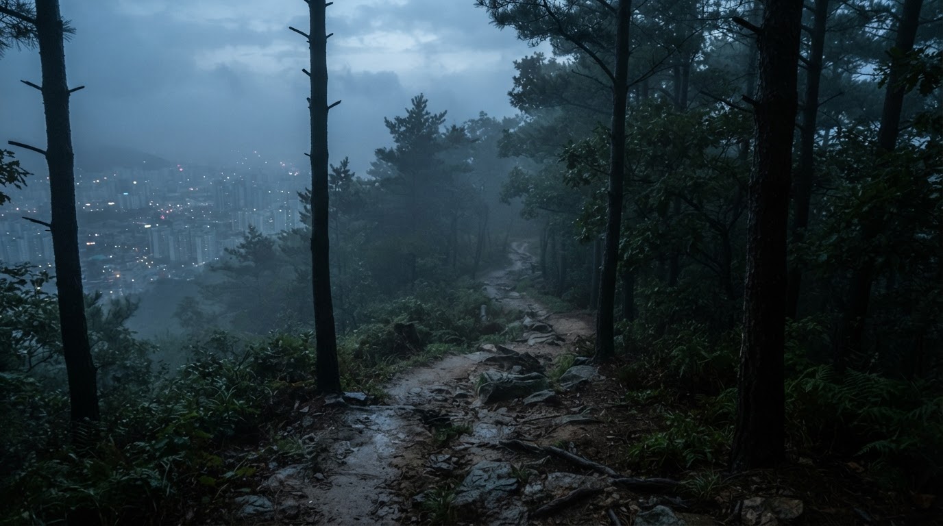 夕暮れ、釜山の灯りを見下ろすチャンサンの登山道を流れていく霧——韓国でもっとも不穏な現代の伝説の舞台。