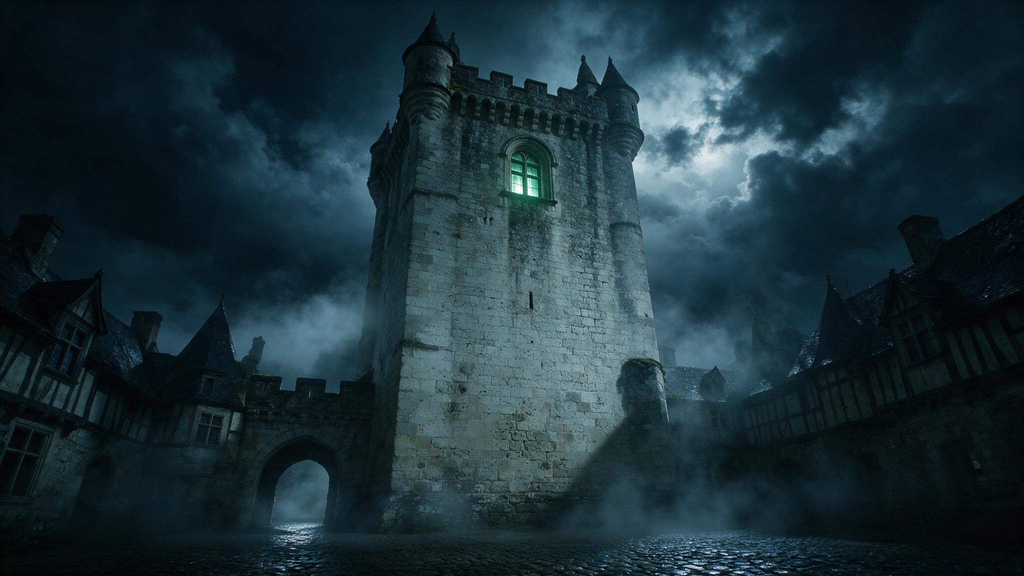 Looking up from below at the high stone tower of a French château on a foggy night, a faint green glow seeping from a single window at its top, a sinister silhouette, old brick soaked in moonlight and long shadows, a Gothic horror atmosphere