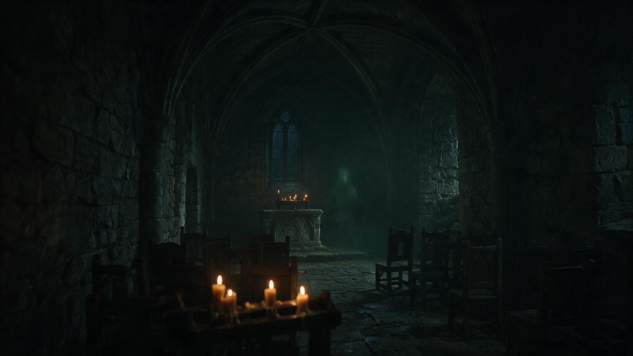 The interior of an old, worn stone chapel in a French château, lit only faintly by a few candles in the darkness, the suggestion of a dim green form flickering in the mist, old wooden chairs and long shadows, a gloomy Gothic atmosphere with no face visible
