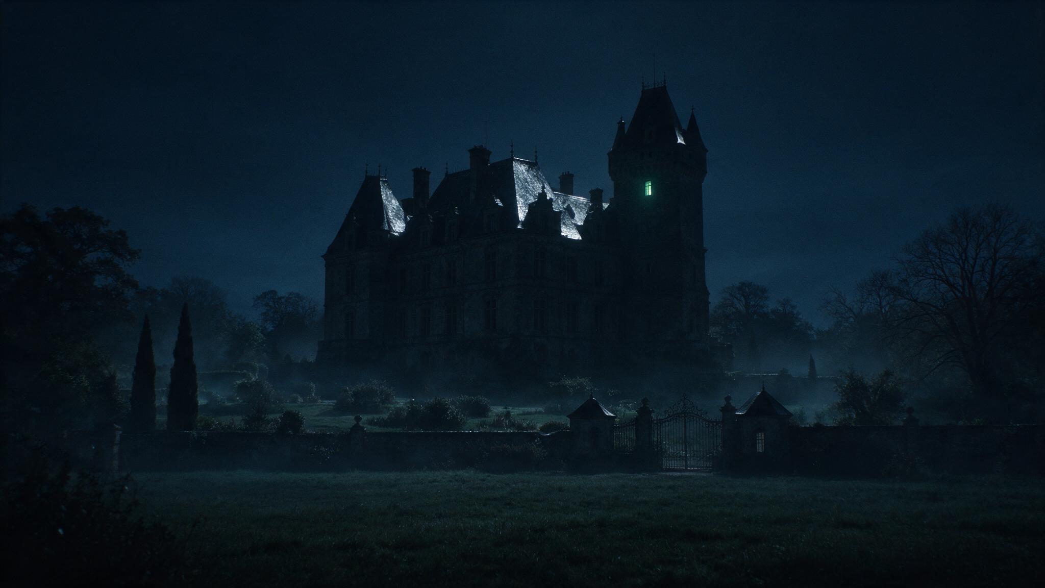 A distant view of a French château in the fallen dark, the black silhouette of its seven-storey stone tower rising against the night sky, a faint green glow at a single window near the top, low mist lying about the château, a still and chilling aftertaste with no one present