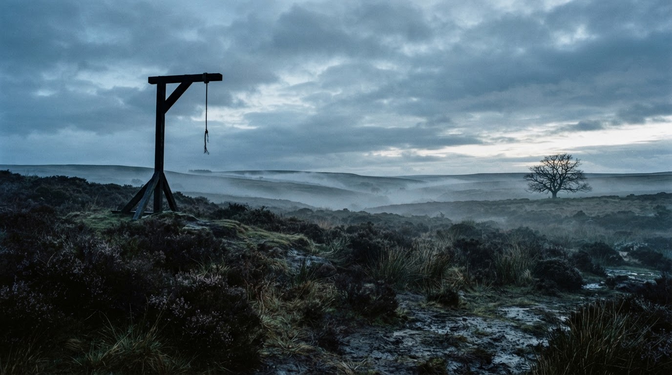 A gallows silhouette at dawn on an open English moor, photorealistic, no figures