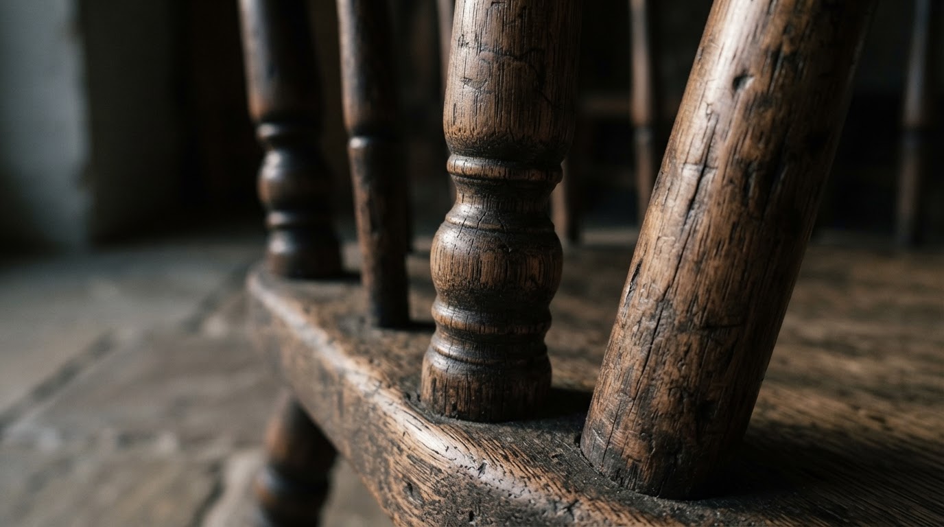A close-up of the worn oak spindles of an old chair, photorealistic