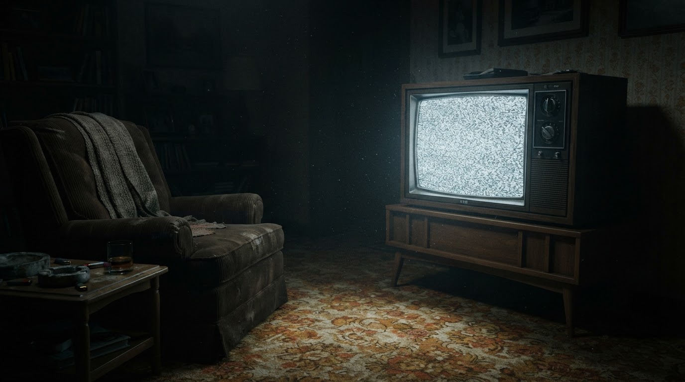 A 1970s living room at night lit only by the grey flicker of a static-filled CRT television