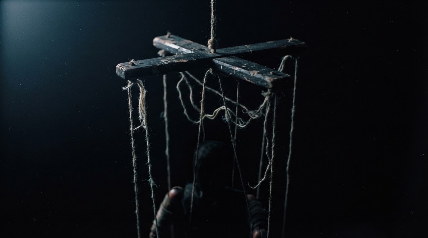 Worn marionette control strings hanging tangled in deep shadow, the puppet itself lost in darkness