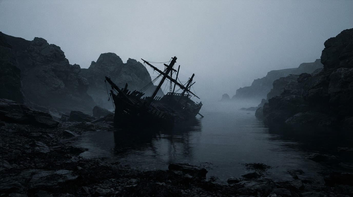 A dark seaside cove at night, black water, the silhouette of a wrecked ship listing against a grey sky