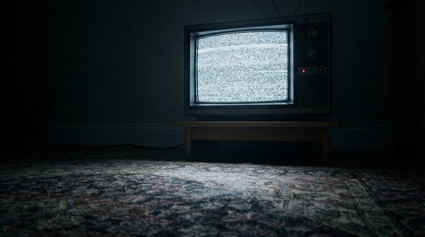 A low, child-height view looking up at a switched-on television glowing with static in an otherwise dark room