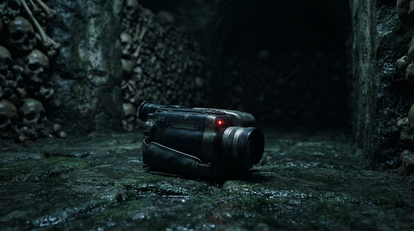 An abandoned video camera lying on wet stone in a bone-lined tunnel, its small light still glowing