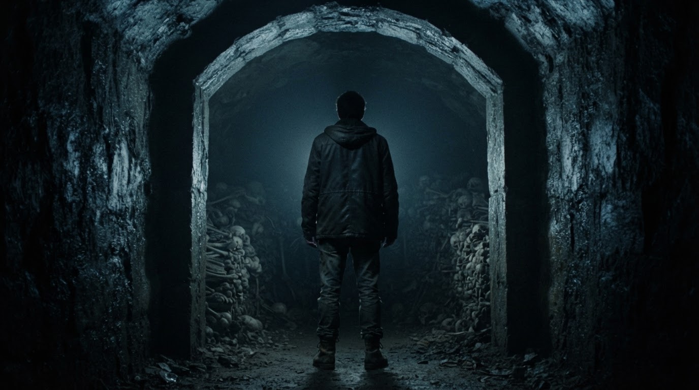 A single silhouette standing at the threshold of a black tunnel mouth, the ossuary bones faintly visible beyond