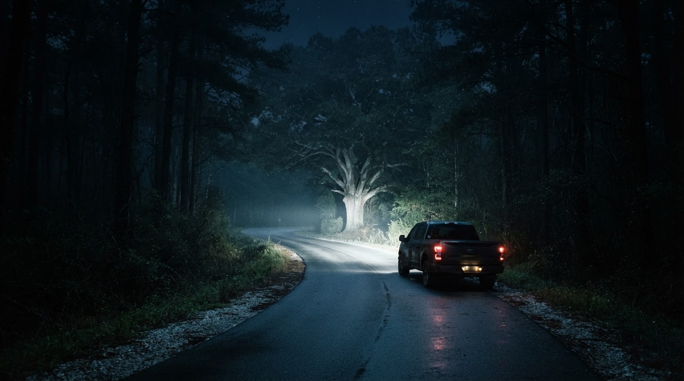 A pickup truck's headlights on a dark tree-lined country road at night, no people, ominous, photorealistic