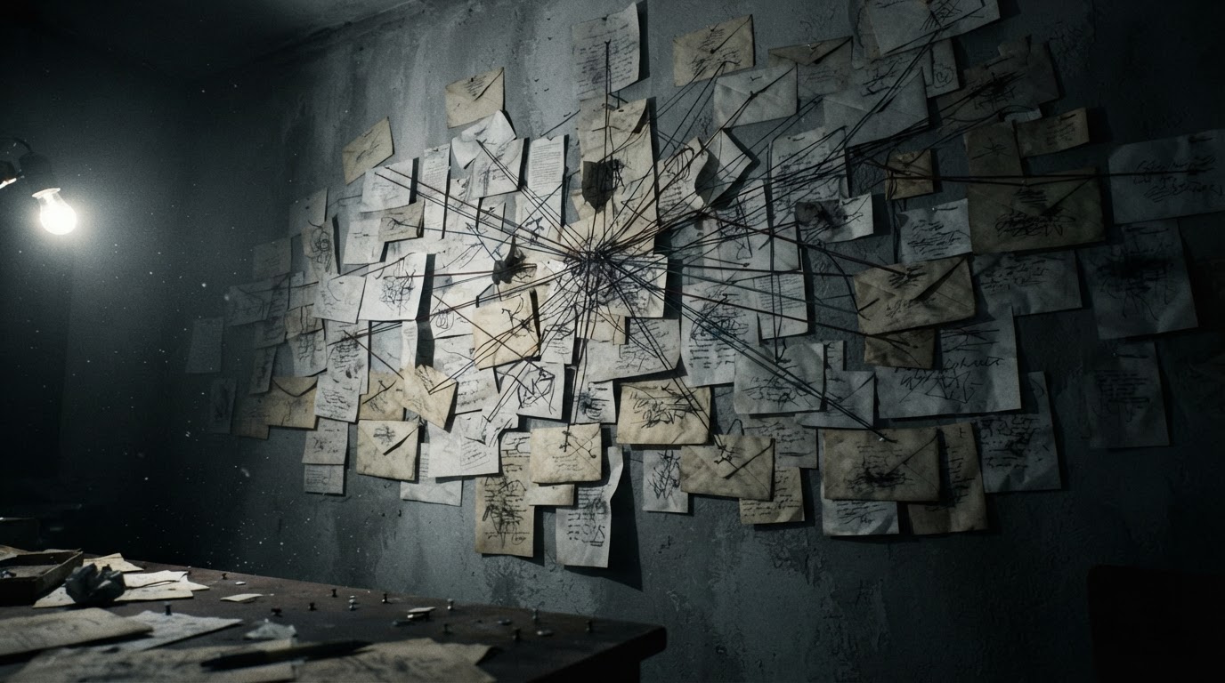 A wall of scattered blank envelopes with illegible writing pinned like an investigation board, dim room, photorealistic