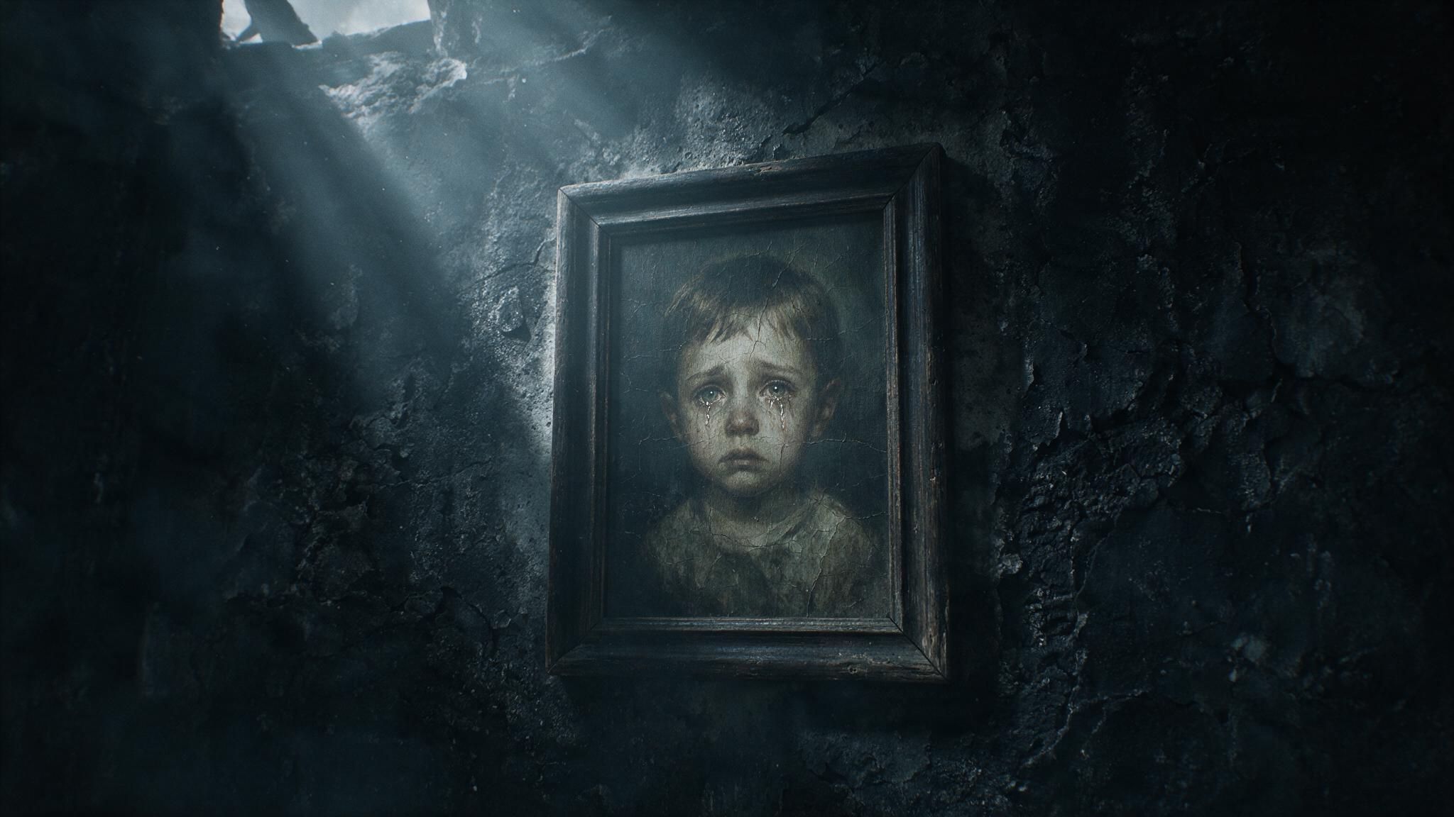 An old portrait of a boy hanging alone on a scorched wall in a dark room, tears welling in the painted eyes, the area around the frame untouched by soot, an eerie and unsettling atmosphere