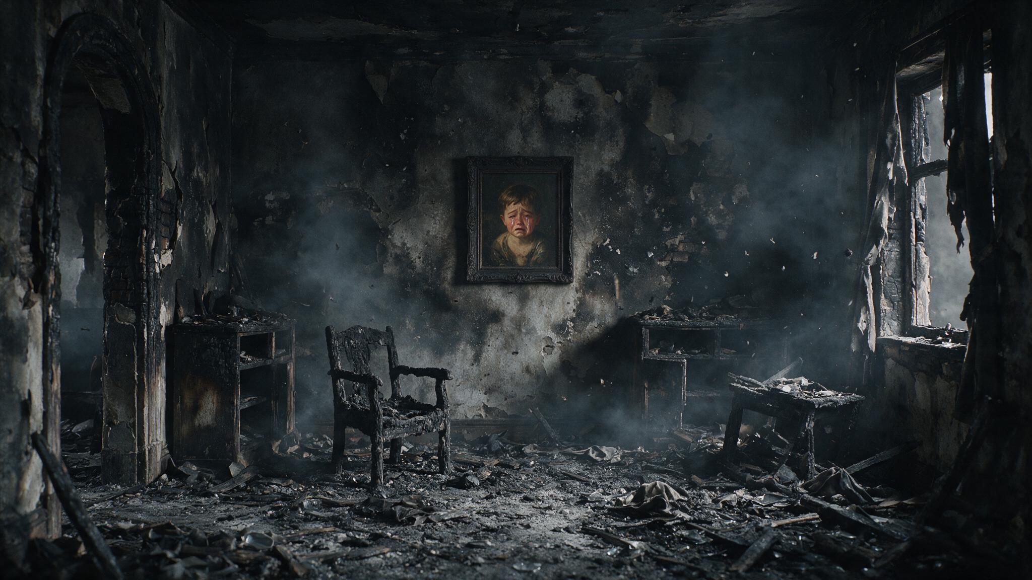 The ruins of a room collapsed by fire, blackened walls and furniture reduced to shapeless forms, at its very centre a boy's portrait hanging intact in its frame, ash and smoke drifting through a cold and eerie atmosphere