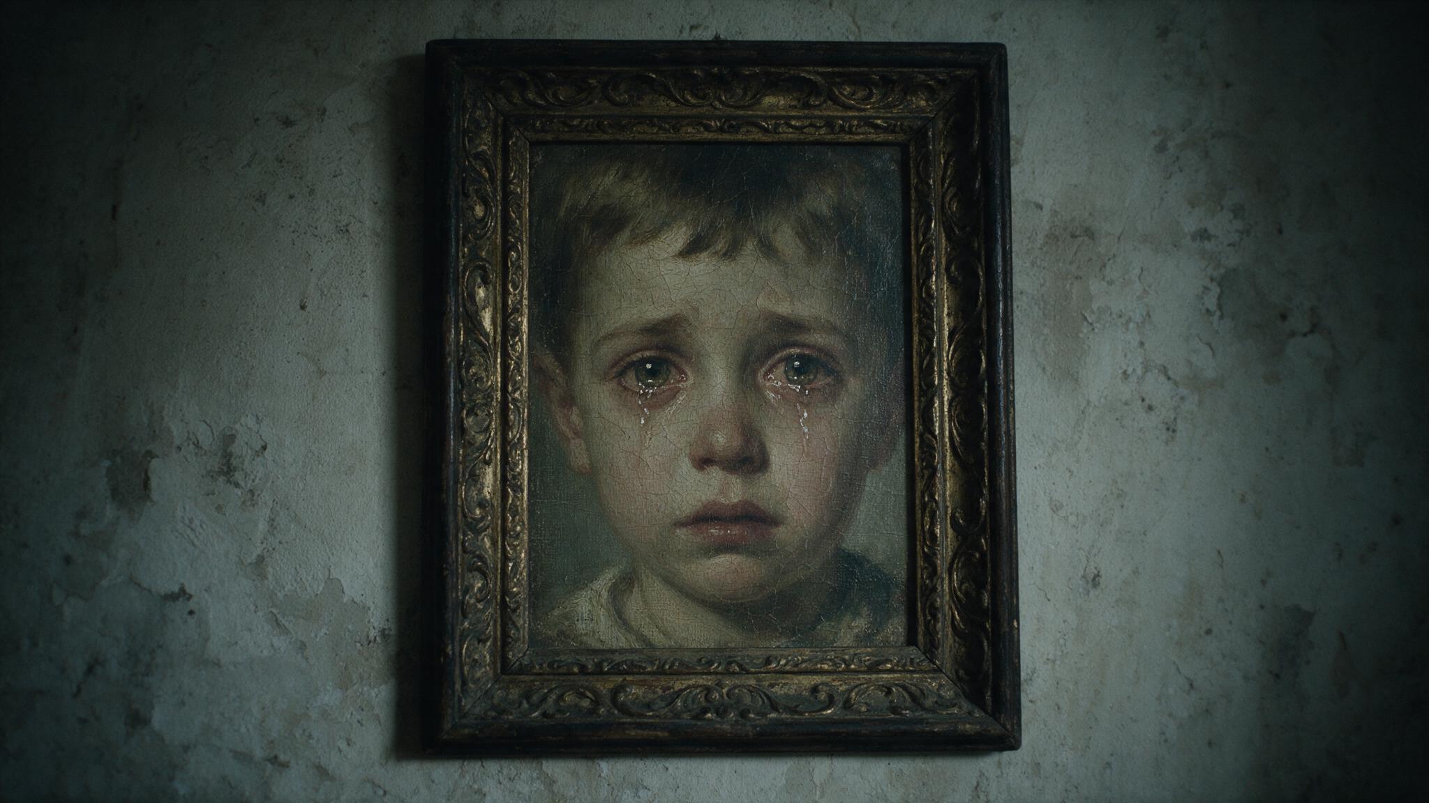 A close-up of a boy's portrait hanging on an old wall, tears brimming in the great painted eyes, the texture of aged and faded oil paint, the cold and pitiful mood of a dim interior (a painted portrait and not a real person)