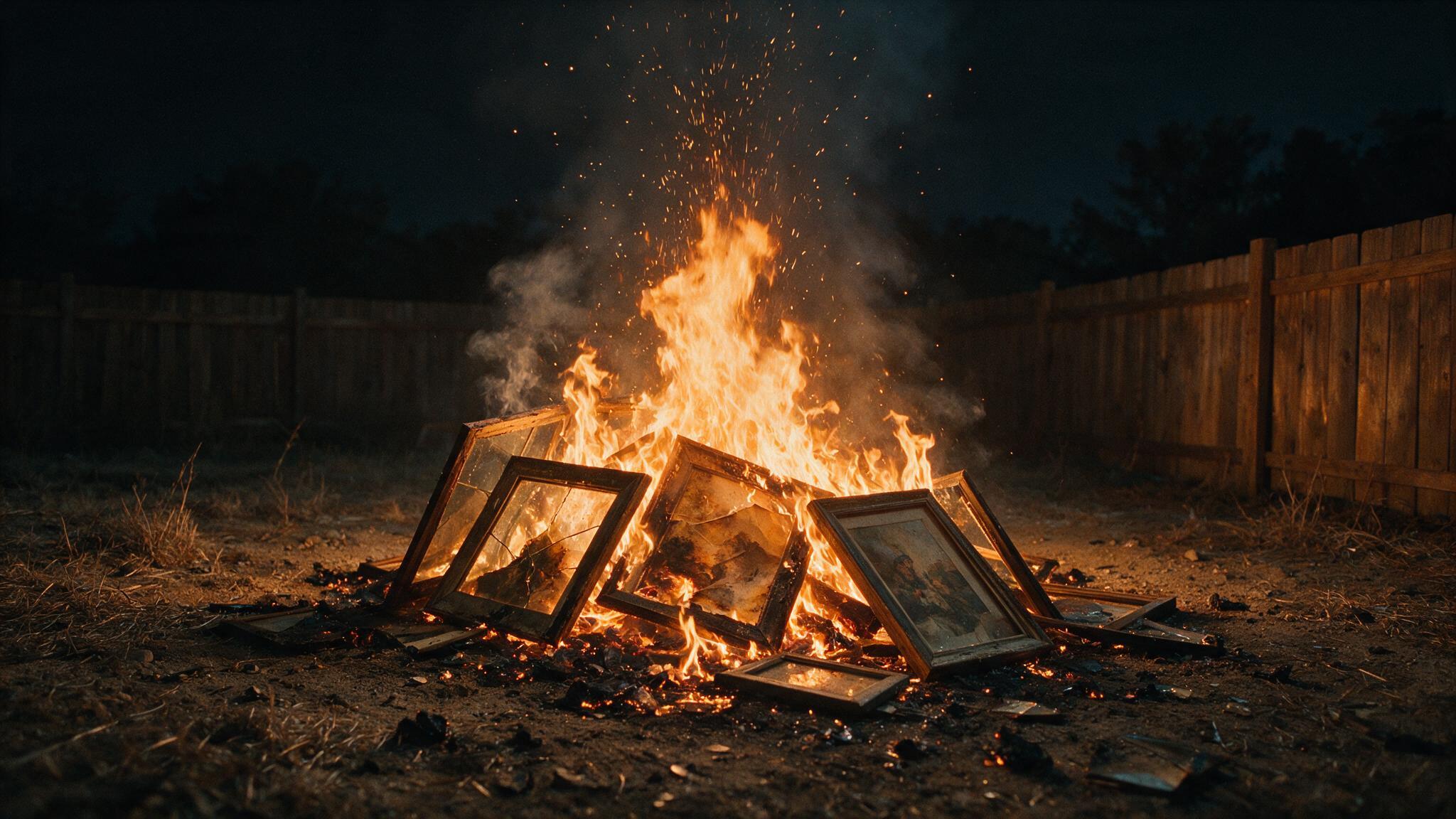 In the dark of night, old framed paintings thrown into a bonfire burning in a corner of a yard, sparks and smoke rising into the sky, an eerie and ominous atmosphere, the scene of property being burned
